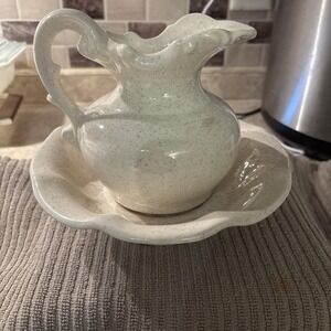 Vintage Small McCOY Water Pitcher & Wash Bowl Set White Speckled Pottery EUC